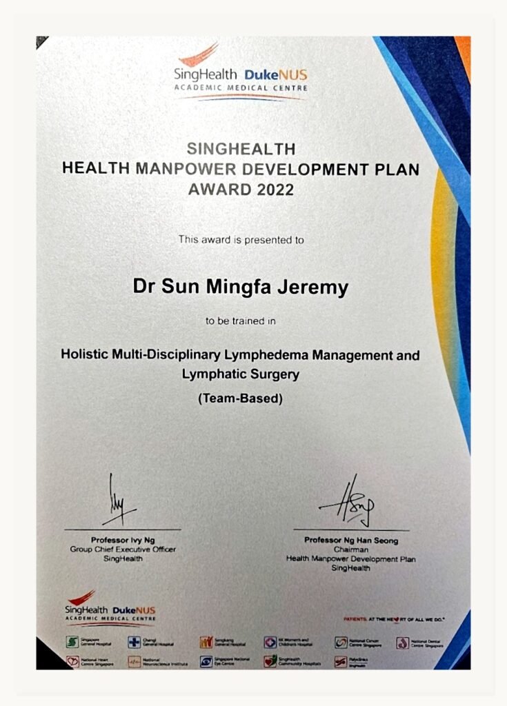 SingHealth Health Manpower Development Plan Award certificate for Dr Jeremy Sun Mingfa for training in lymphedema management and lymphatic surgery